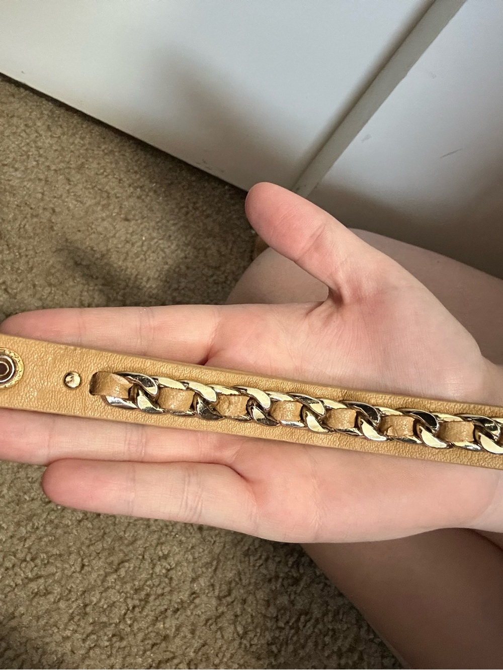 Gold Chain-Accent Tan Leather Bracelet